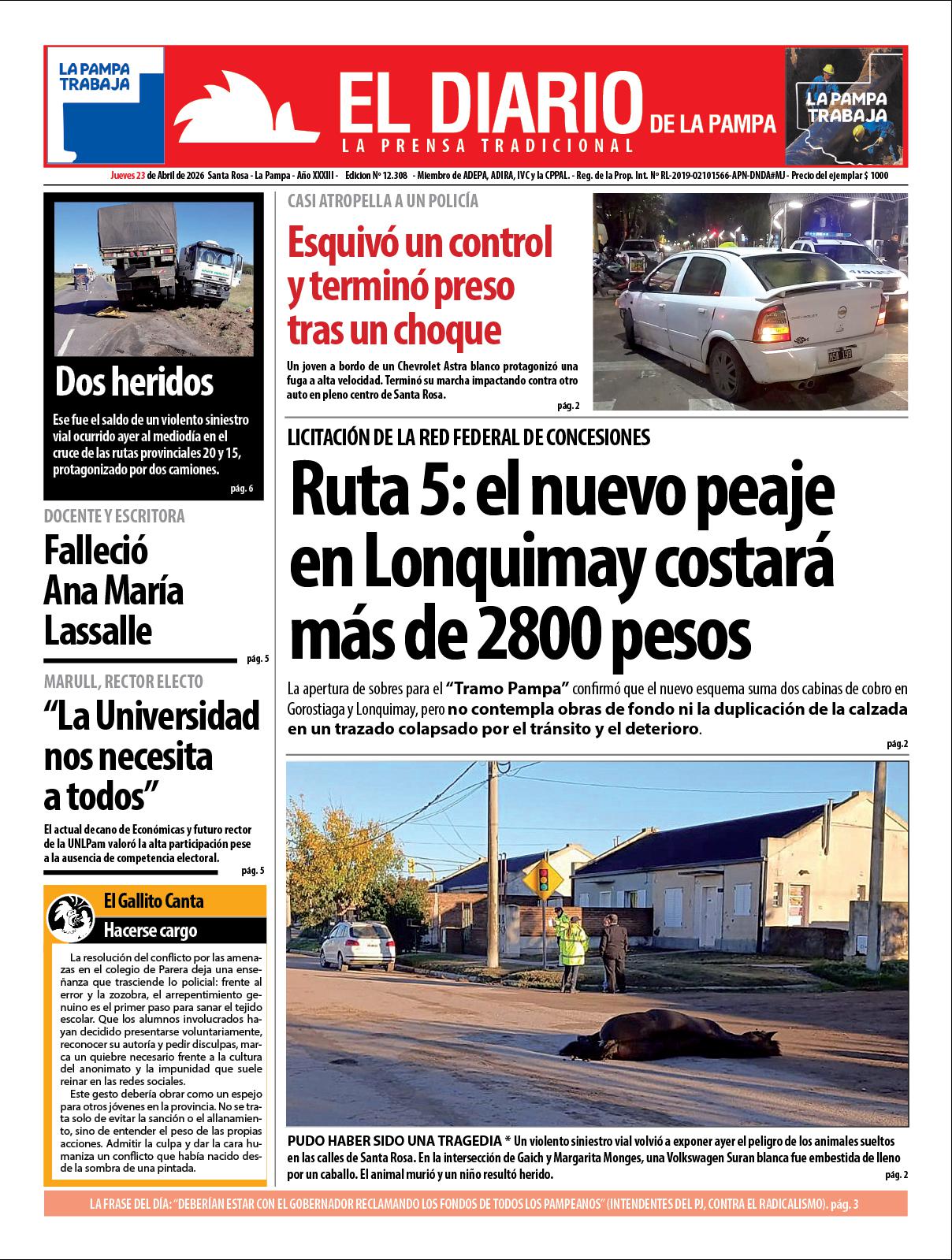 Tapa de El Diario en papel  jueves 23 de abril de 2026